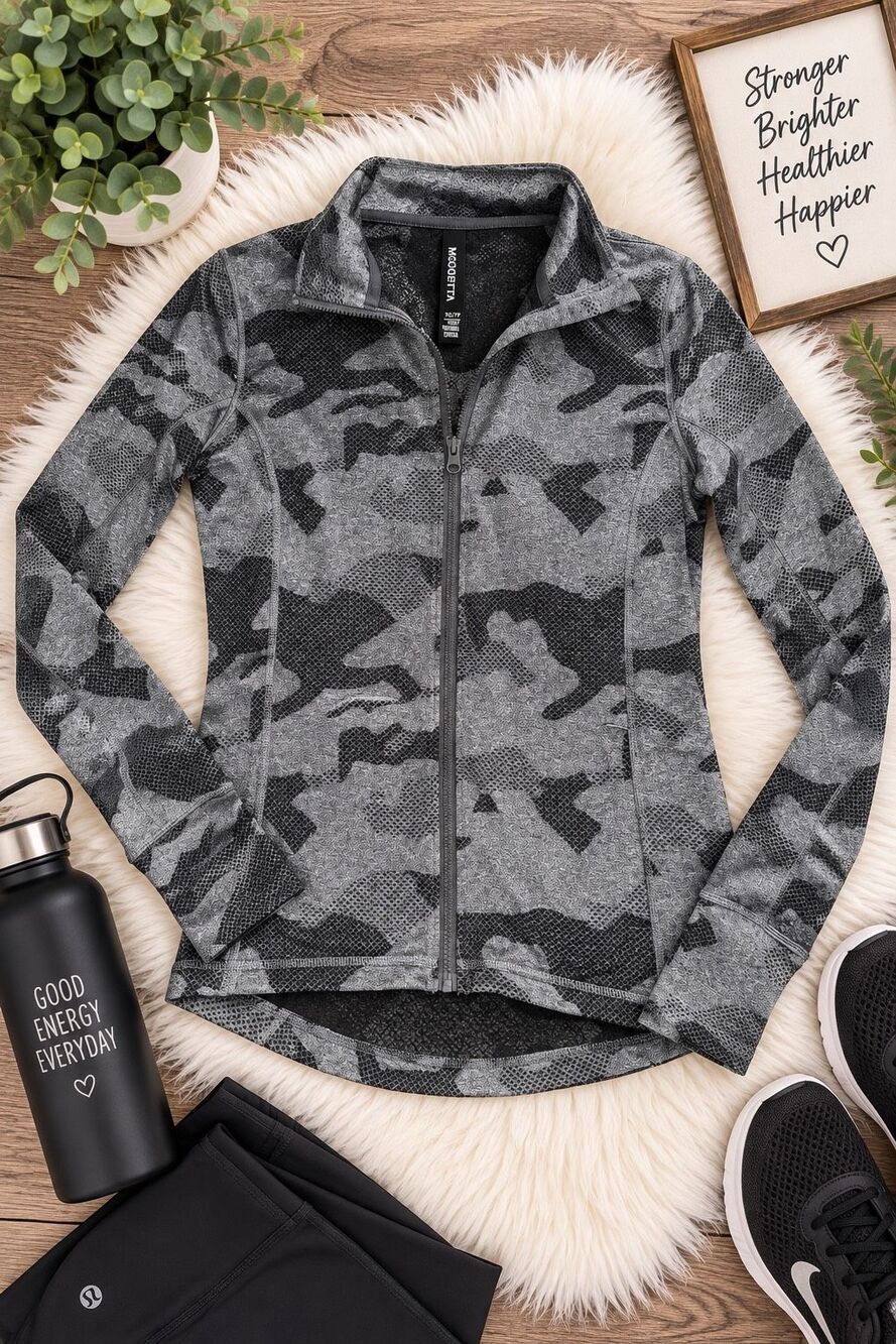 Mondetta Women’s XS Gray Black Camo Full Zip Athletic Jacket High Low Hem